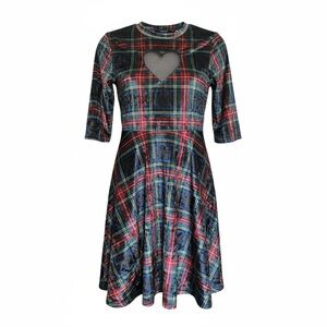 Jawbreaker No Heart Velvet Tartan Dress Dark Academia Plaid Holiday 3/4 Sleeve